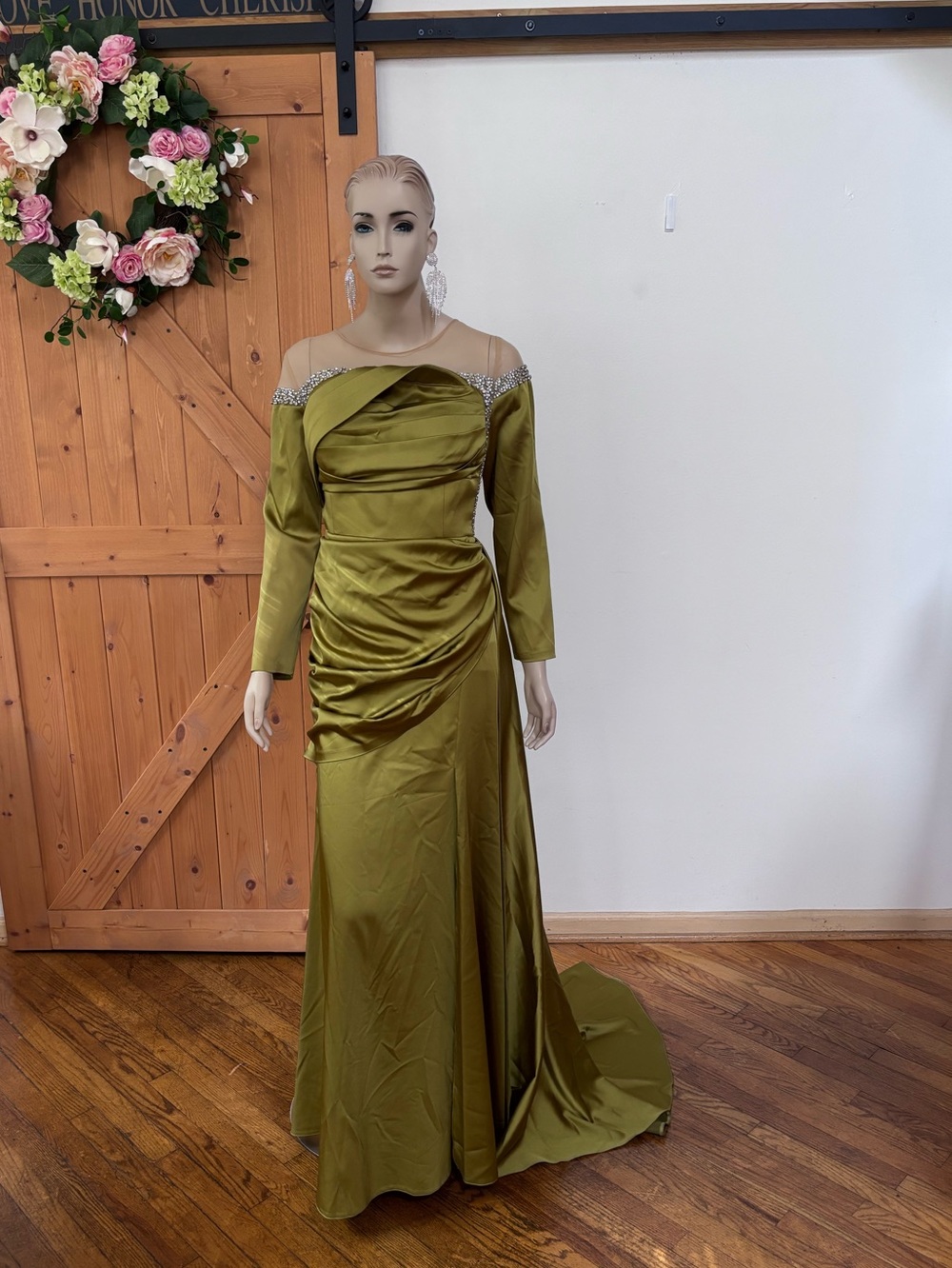 TITLE: Princess Couture Olive Green Rhinestone Formal Gown – Size 48 – NWT